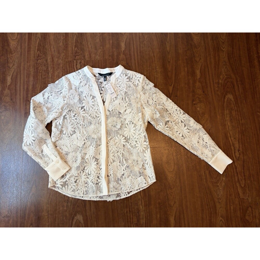 White House Black Market White 3D Floral Lace Button Up Blouse NWT S Long Sleeve